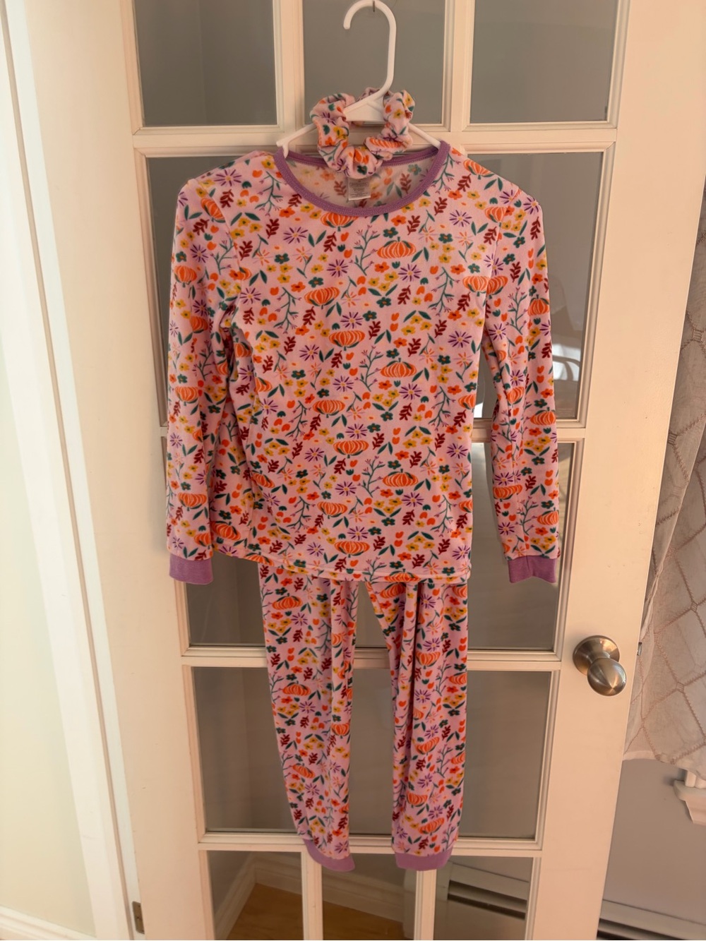 Girls Pumpkin & Floral Pajama Set with Scrunchie